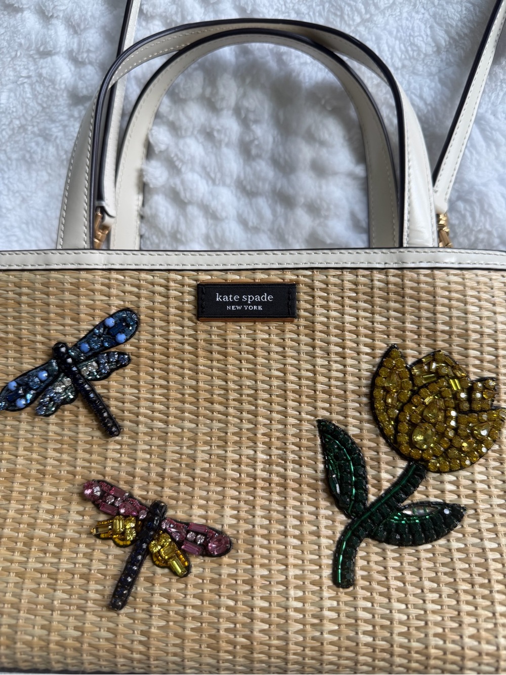 KATE SPADE Sam Icon Dragonfly Embellished Straw Small Tote Crossbody Bag Purse - Picture 14 of 17